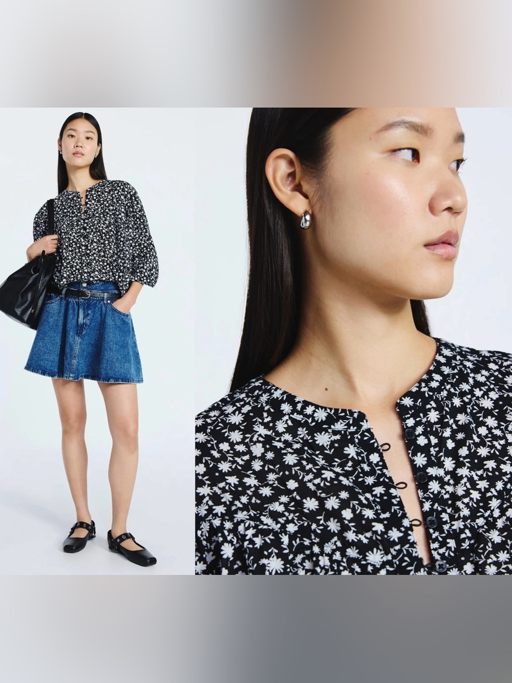 Scoop Women Black White Floral Peasant Blouse Boho Balloon Sleeve Top Flowy NWT